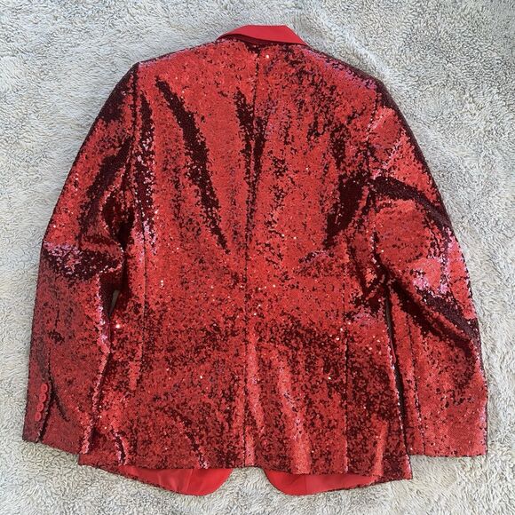 Tipsy Elves Men’s Sequin All Over Blazer Ruby Red Size 42 Tailored Fit Costume - Picture 8 of 9